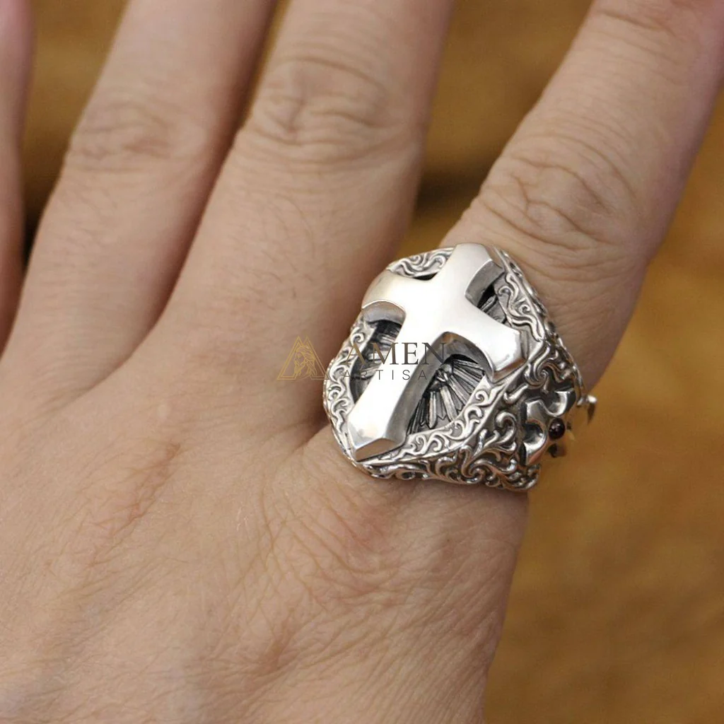925 Sterling Silver Shield Cross Ring Amen Artisan - Image 10