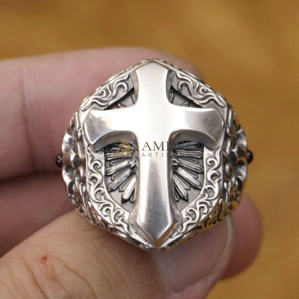 925 Sterling Silver Shield Cross Ring Amen Artisan - Image 8