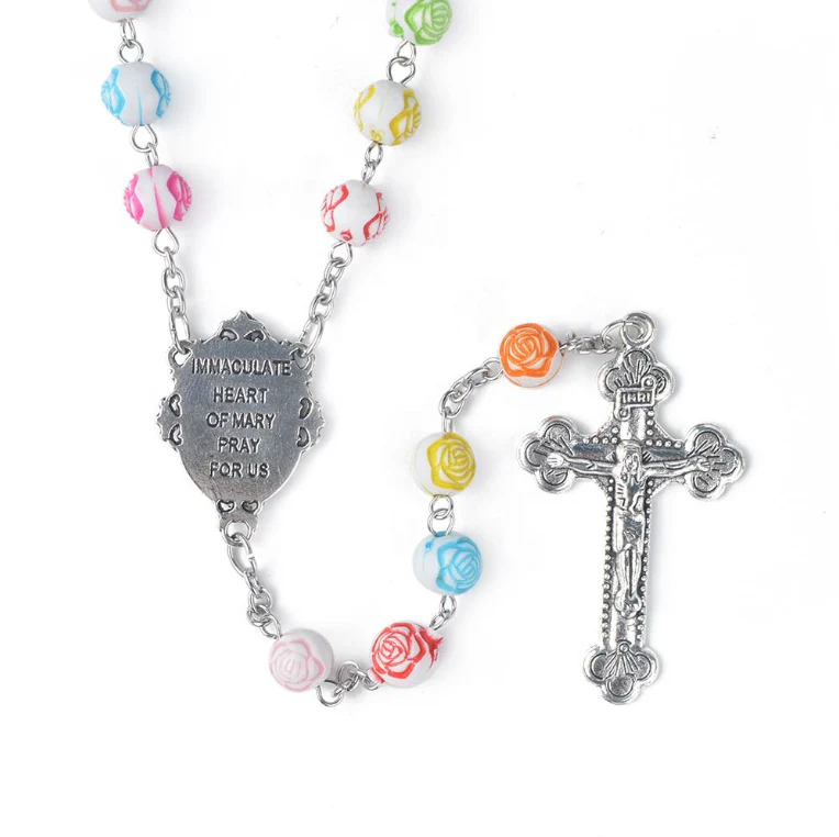 Amen Artisan Colorful Rose Ceramic Beads Immaculate Heart of Mary Crucifix Rosary - Image 2