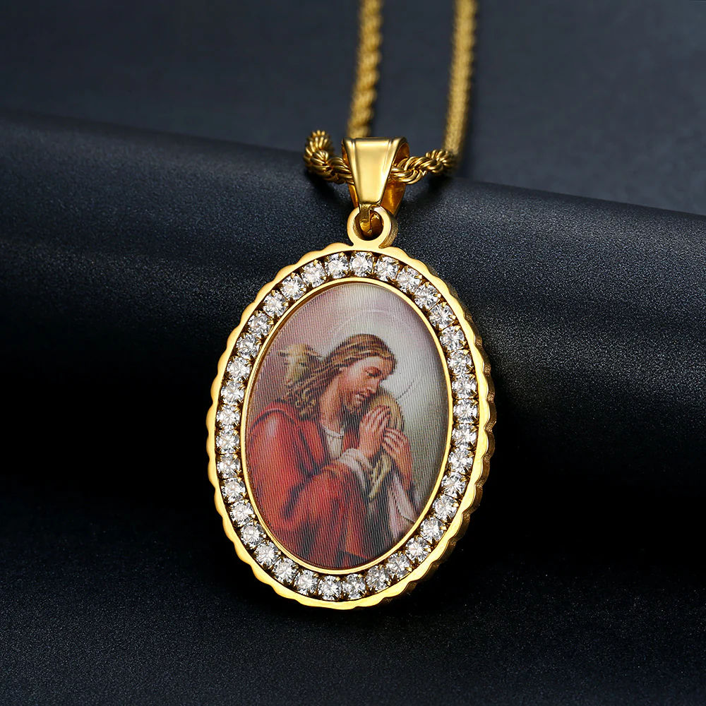Holy Mother Photo Memorial Titanium Steel Zircon Necklace Amen Artisan - Image 2
