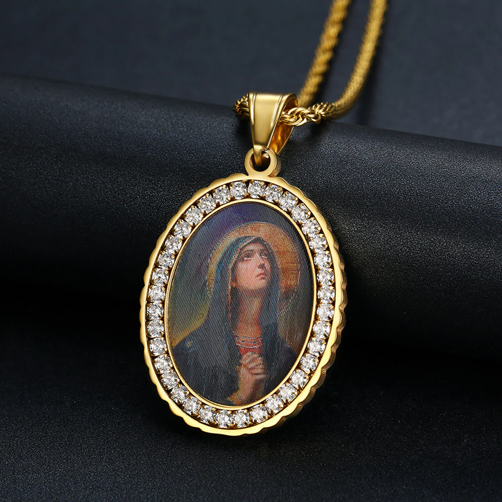 Holy Mother Photo Memorial Titanium Steel Zircon Necklace Amen Artisan - Image 3