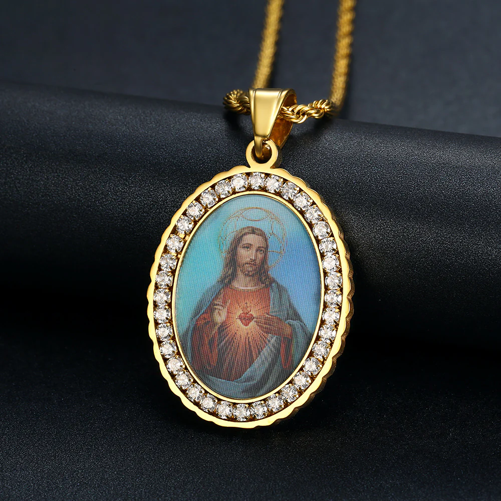 Holy Mother Photo Memorial Titanium Steel Zircon Necklace Amen Artisan - Image 5
