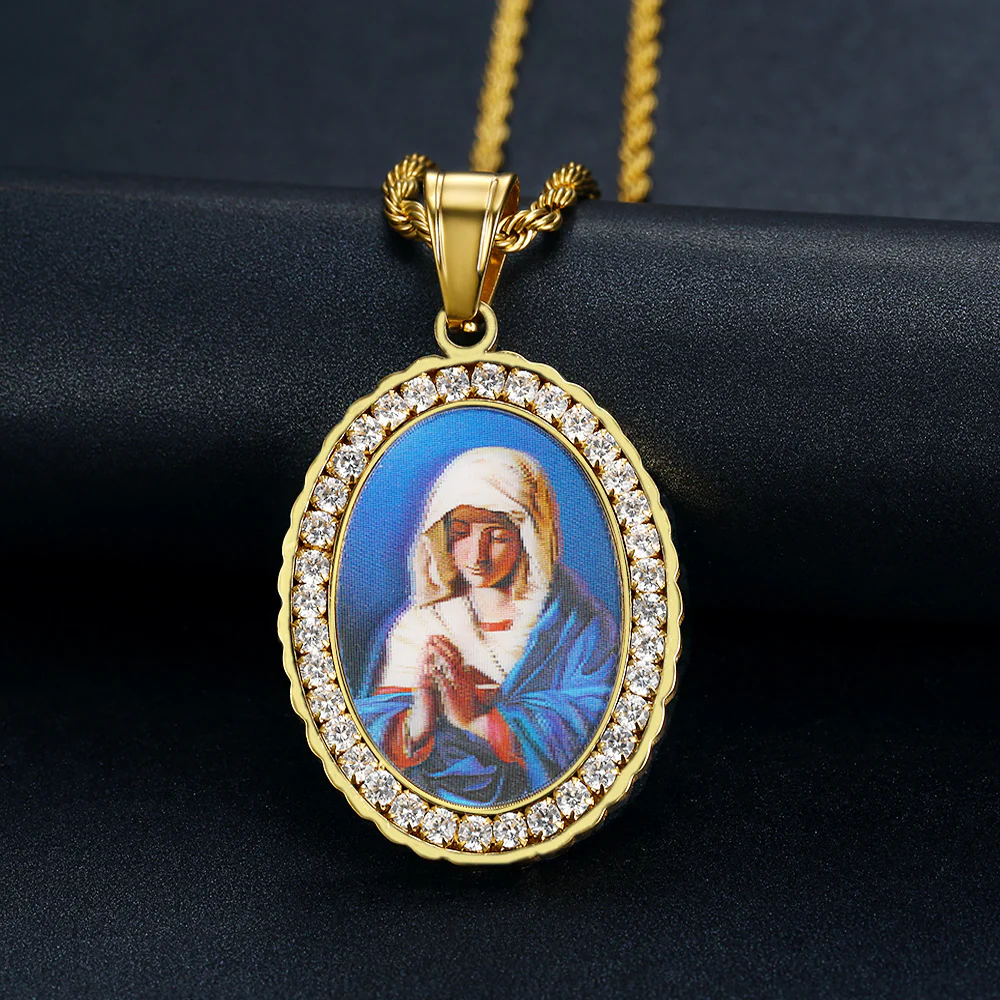 Holy Mother Photo Memorial Titanium Steel Zircon Necklace Amen Artisan - Image 6