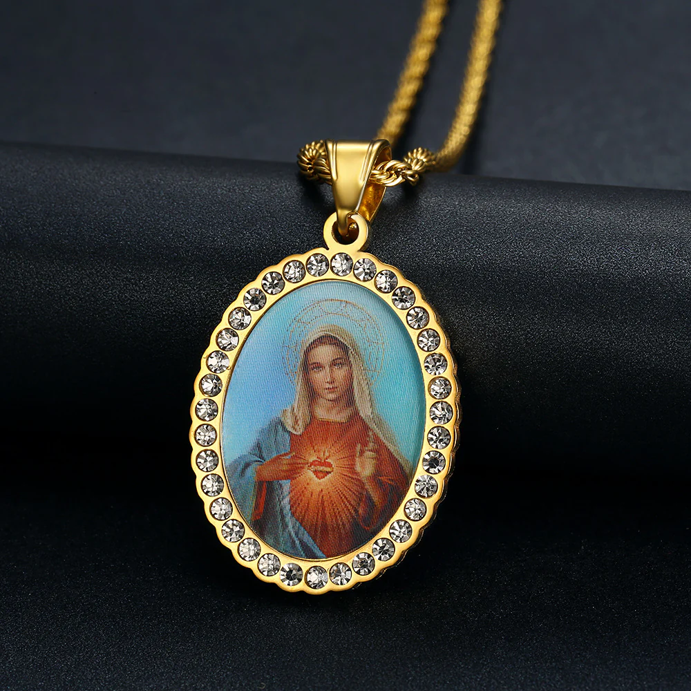 Holy Mother Photo Memorial Titanium Steel Zircon Necklace Amen Artisan - Image 7
