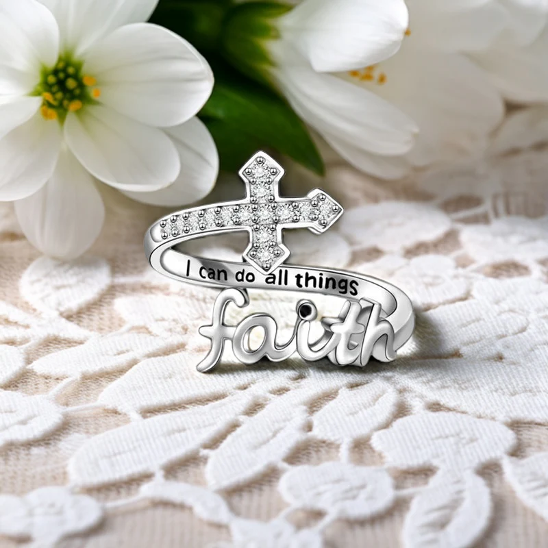Amen Artisan Shining Diamond-Encrusted Faith Cross Adjustable Open Ring - Image 2