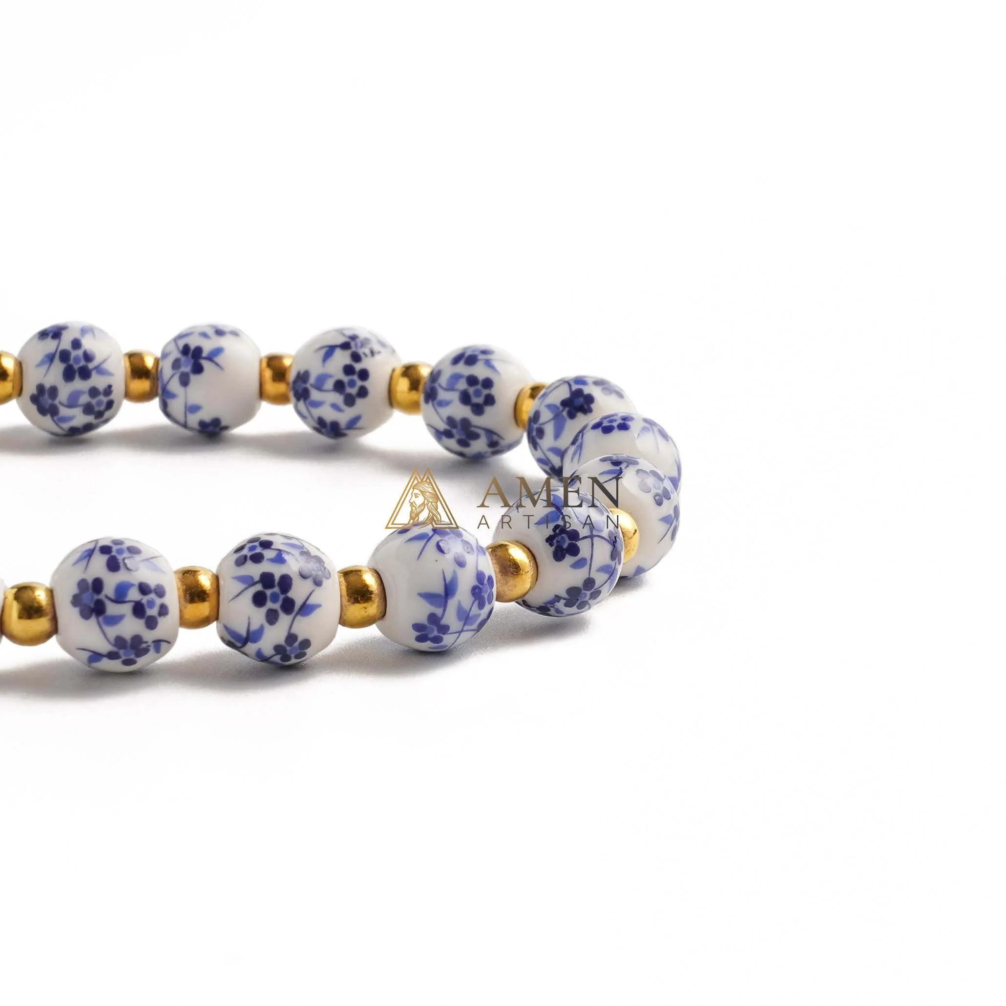 Blue and White Pottery Beads & Baroque Pearl Elastic Cord Cross Bracelet - Image 6