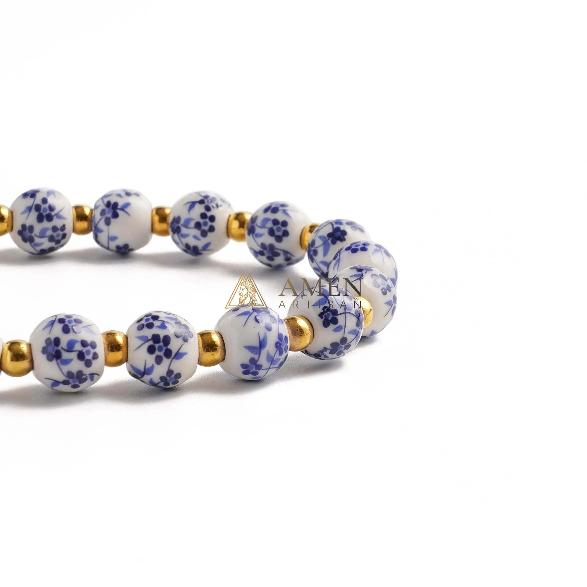 Blue and White Pottery Beads & Baroque Pearl Elastic Cord Cross Bracelet Amen Artisan - Image 6