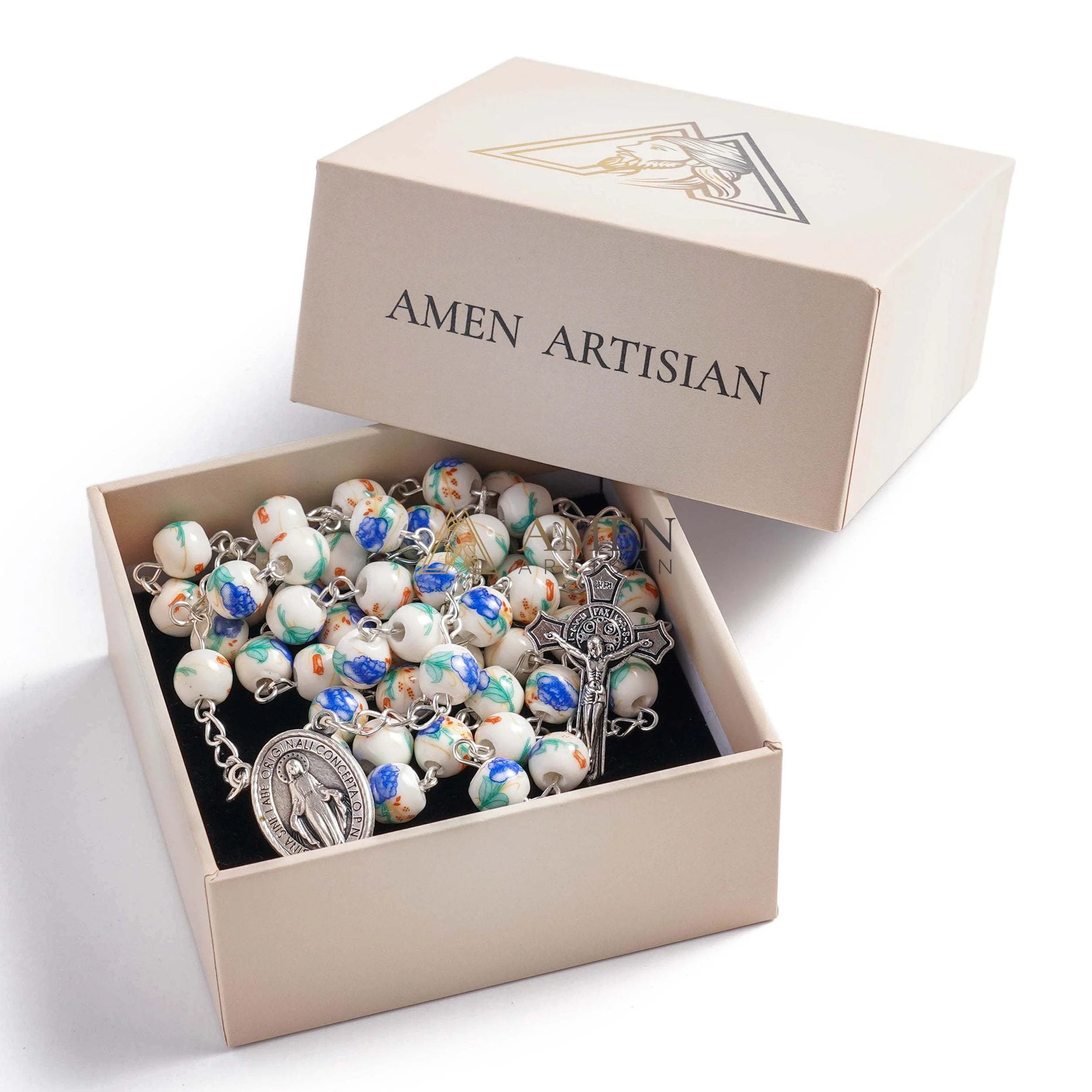 Blue Peony Ceramic Rosary Amen Artisan - Image 5