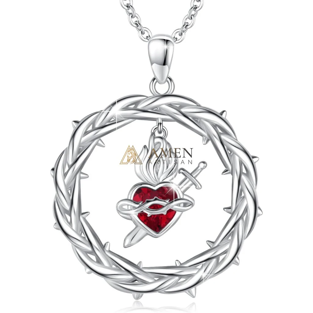 Crown of Thorns Sacred Heart Pendant Necklace Amen Artisan - Image 5