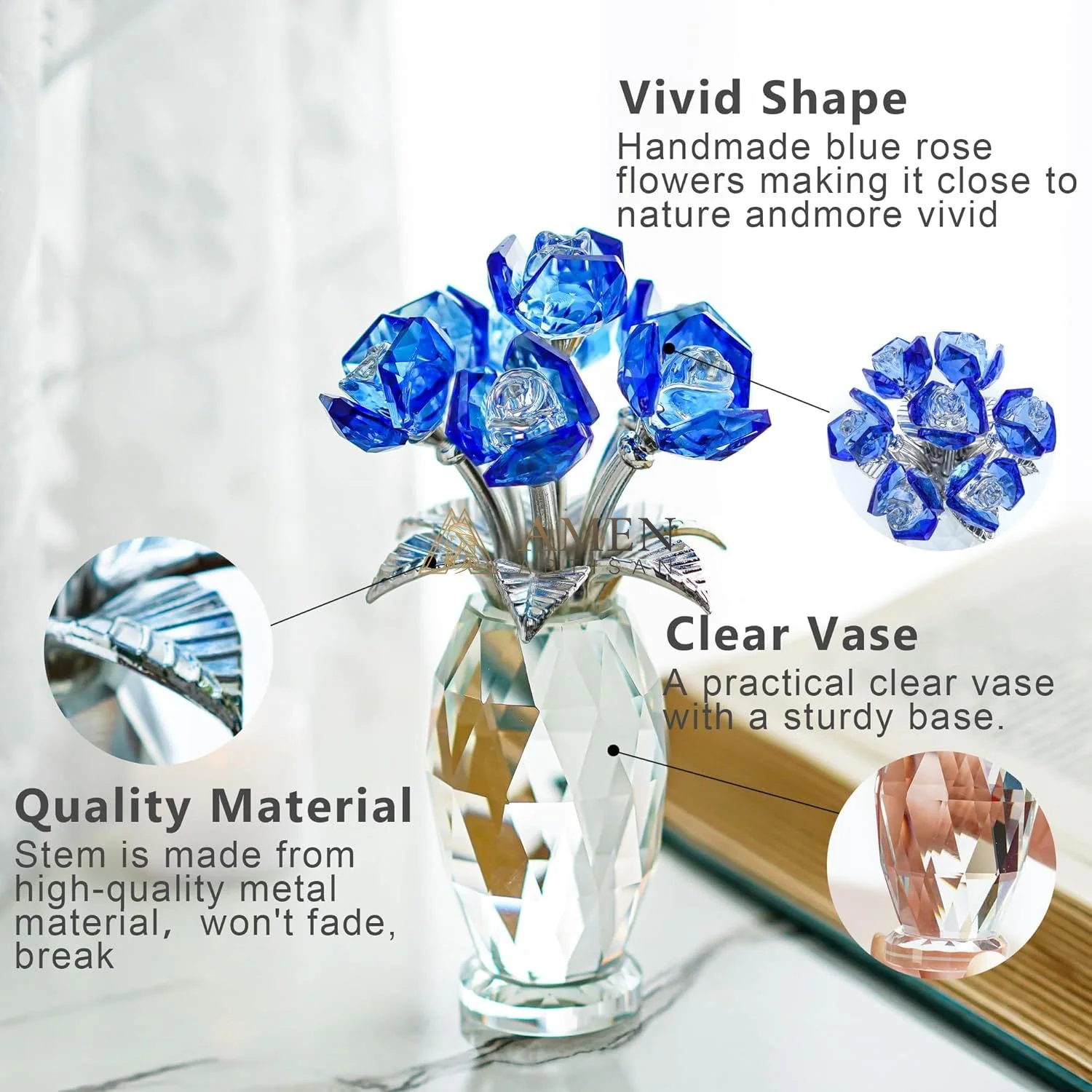 Crystal Blue Rose Statue Amen Artisan - Image 4