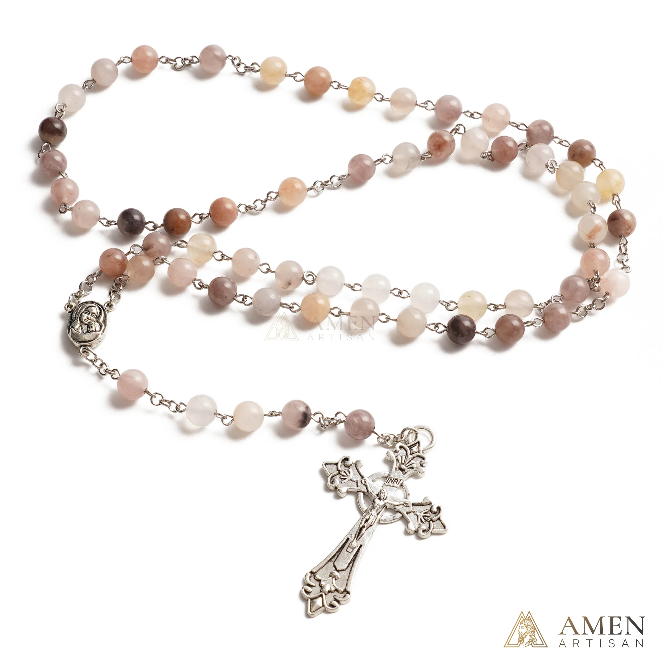 Purple Golden Silk Jade Madonna and Child Medal Rosary Amen Artisan - Image 3