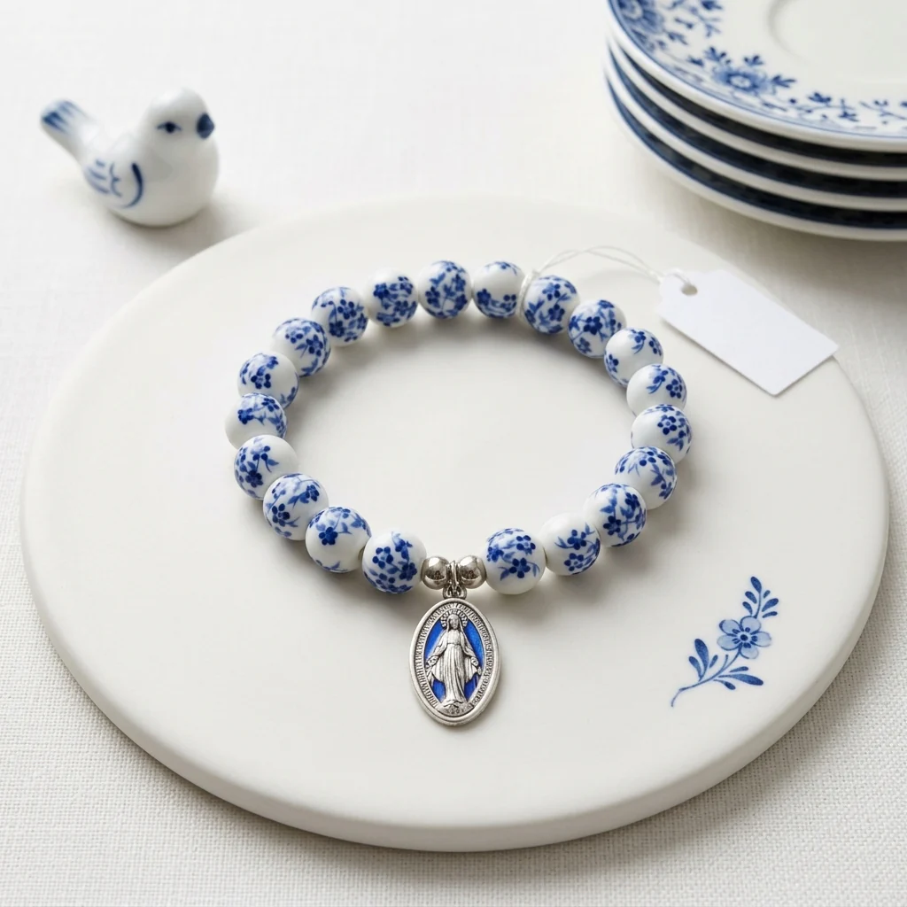 Delft Blue Beads Sacred Heart Rosary - Image 8