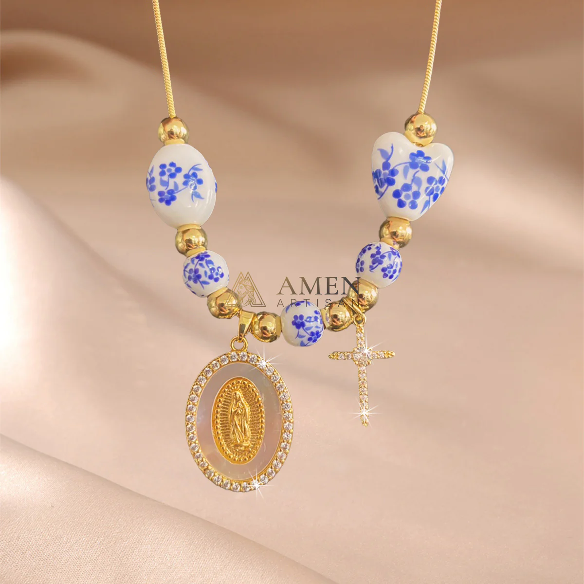 Floral Ceramic and Zircon Virgin Mary Cross Necklace Amen Artisan