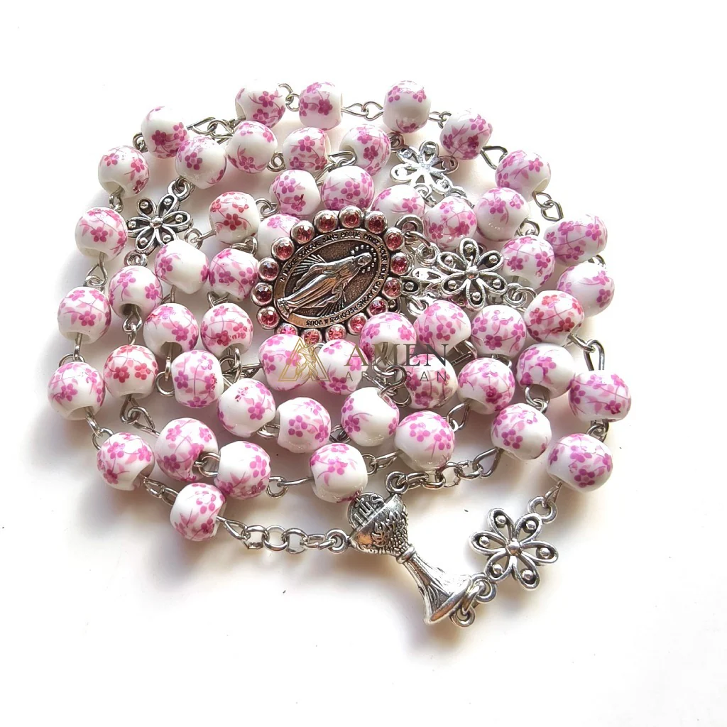 Floral Ceramic Our Lady Rosary  Amen Artisan - Image 4
