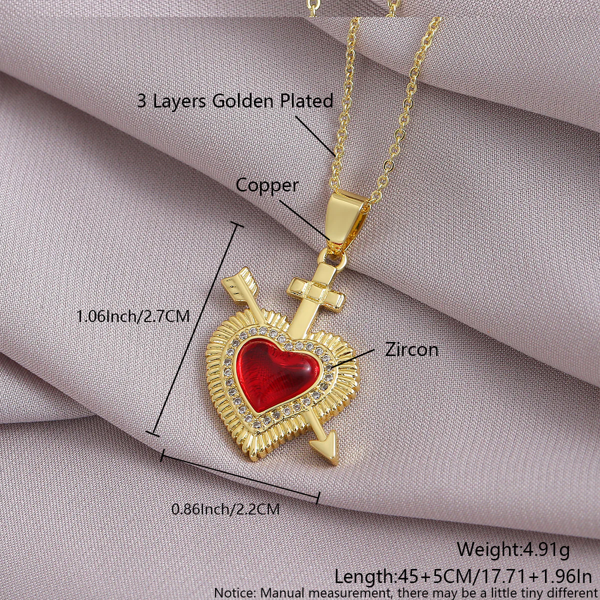 Gold-Plated Gothic Heart CZ Cross Pendant Amen Artisan - Image 4