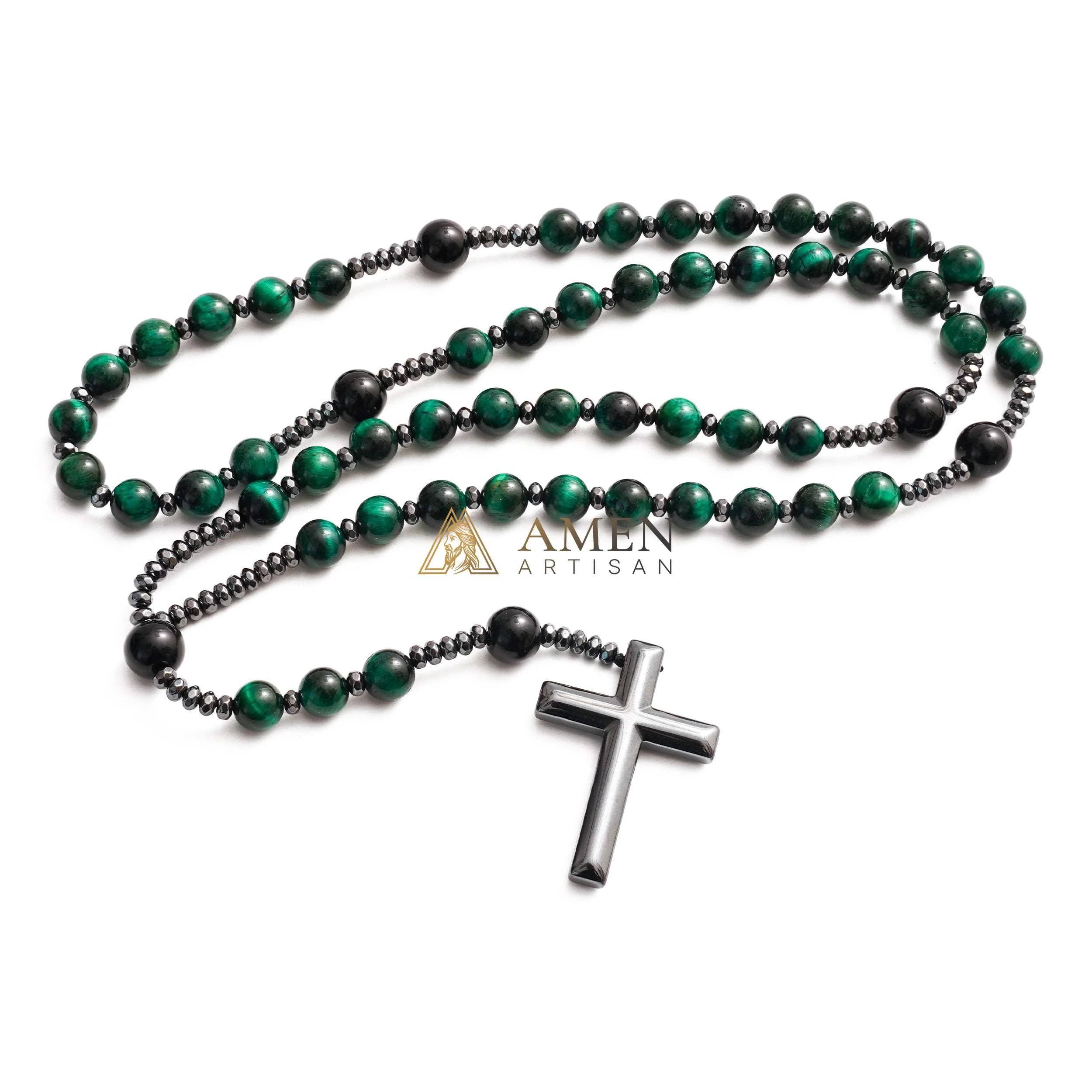 Green Tiger Eye Cross Rosary Amen Artisan - Image 5