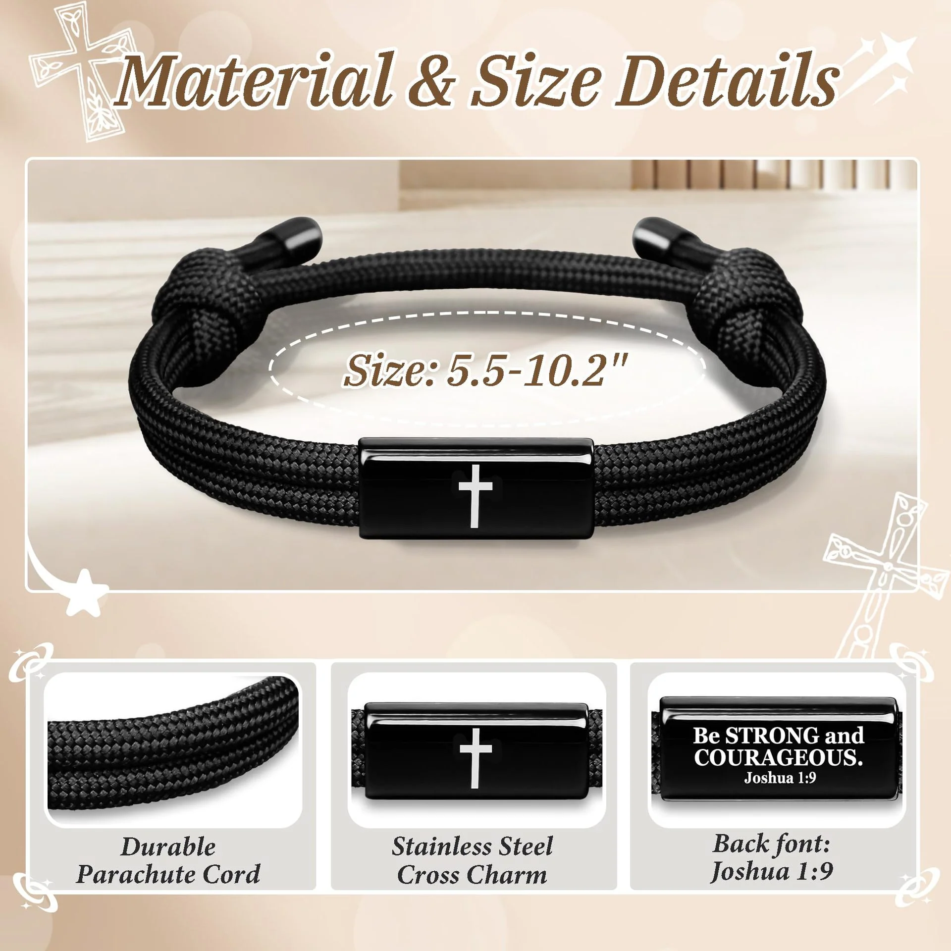 Joshua 1:9 Be Strong and Courageous Paracord Cross Bracelet - Image 2