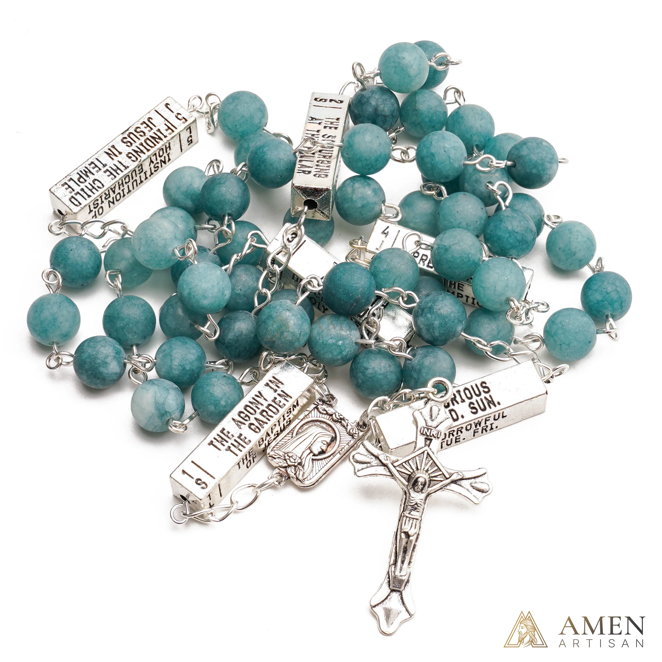 Matte Blue Chalcedony Bead Rosary with 5 Mysteries Amen Artisan - Image 5