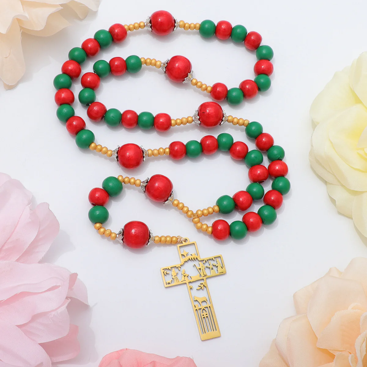 Nativity Birth of Jesus Rosary – Christmas Red & Green Wood Beads - Image 3