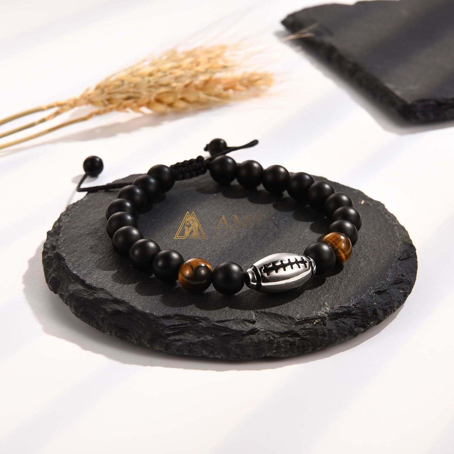 Natural Stone Bead Football Braided Bracelet Amen Artisan - Image 2