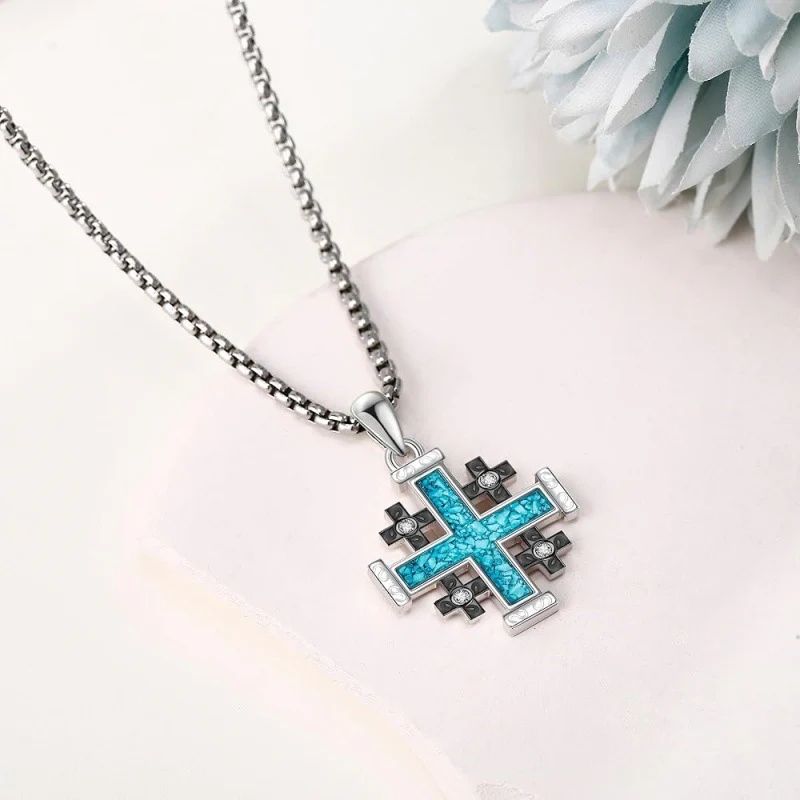 Natural Turquoise Diamond Jerusalem Cross Necklace Amen Artisan - Image 4