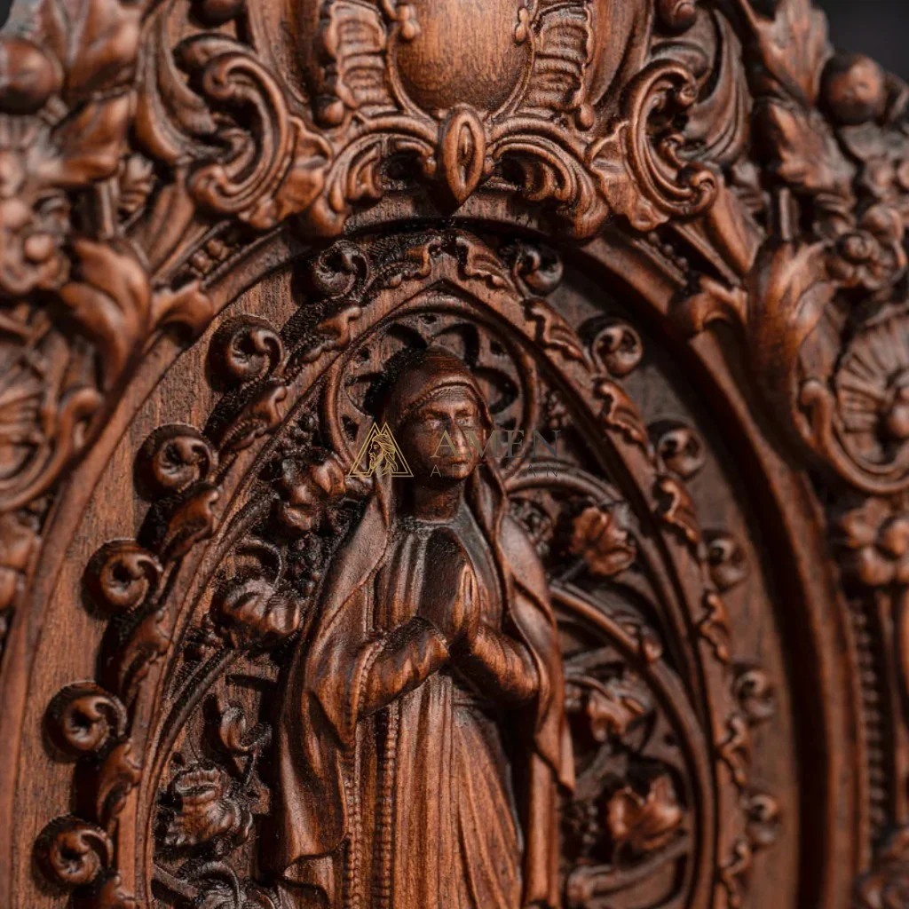 Our Lady in Prayer Wood Carving Amen Artisan - Image 2