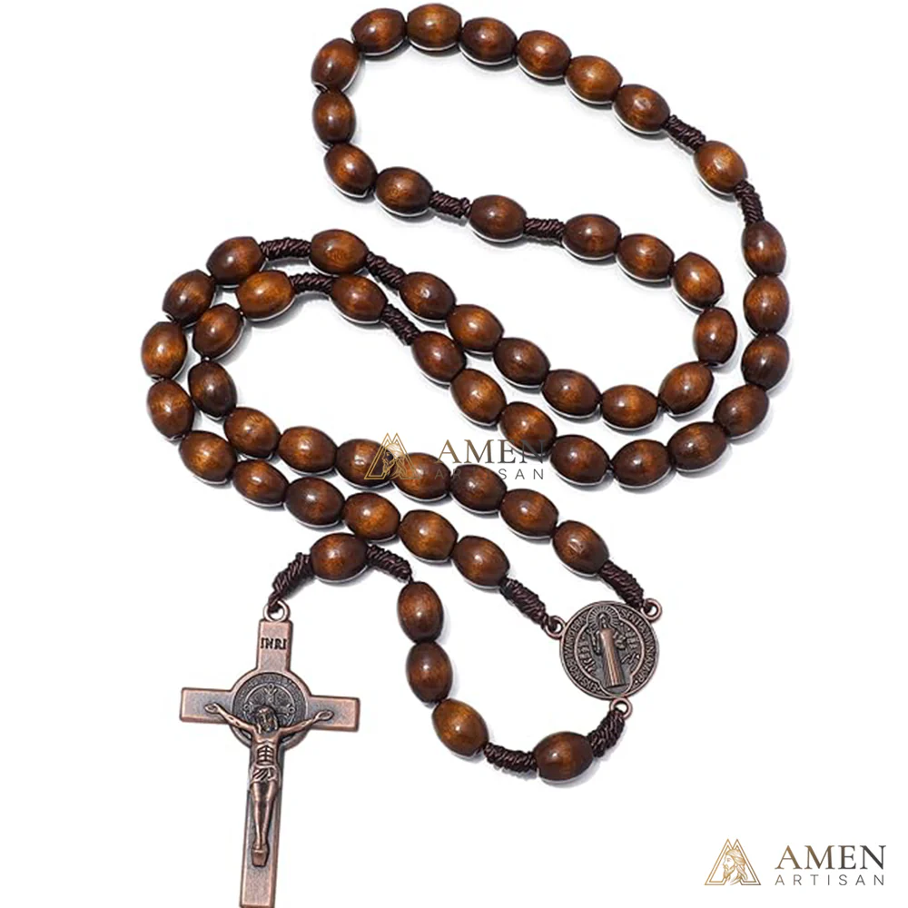Oval Wooden Beads Saint Benedict Medal Crucifix Rosary Amen Artisan - Image 3