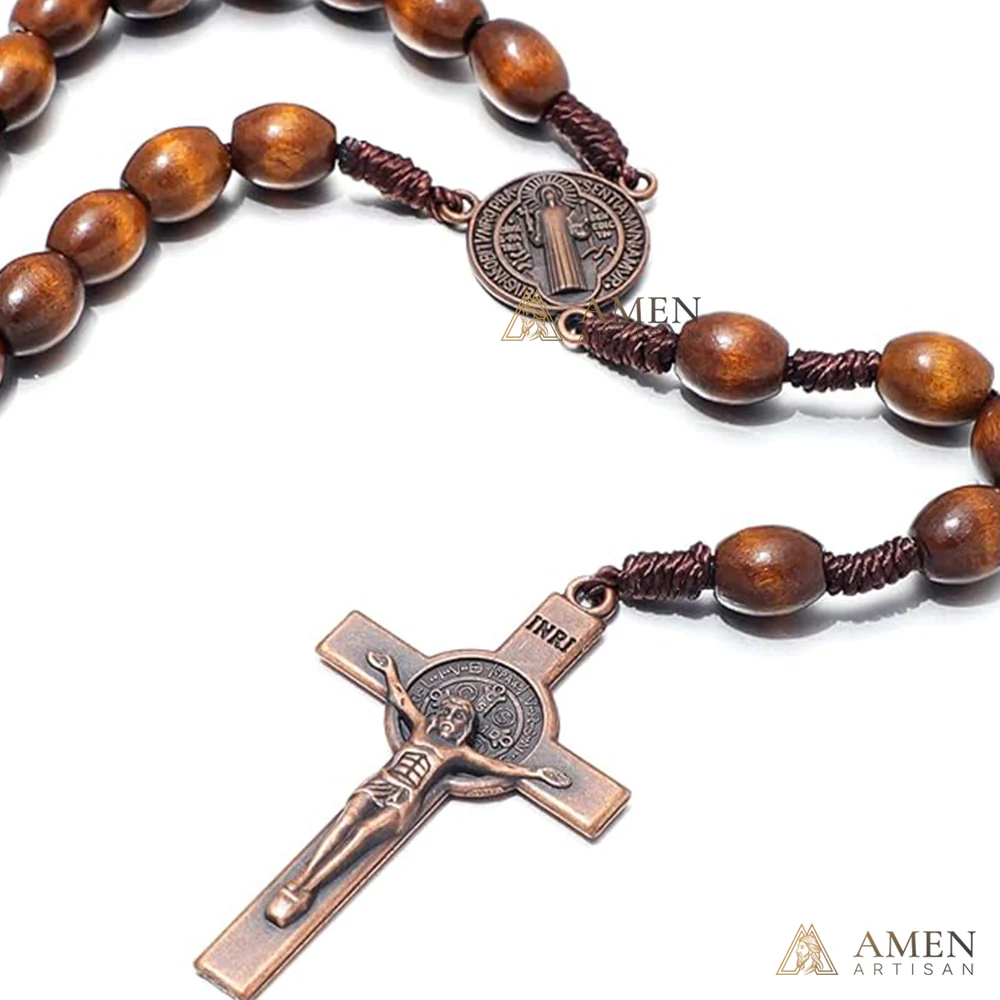 Oval Wooden Beads Saint Benedict Medal Crucifix Rosary Amen Artisan - Image 4