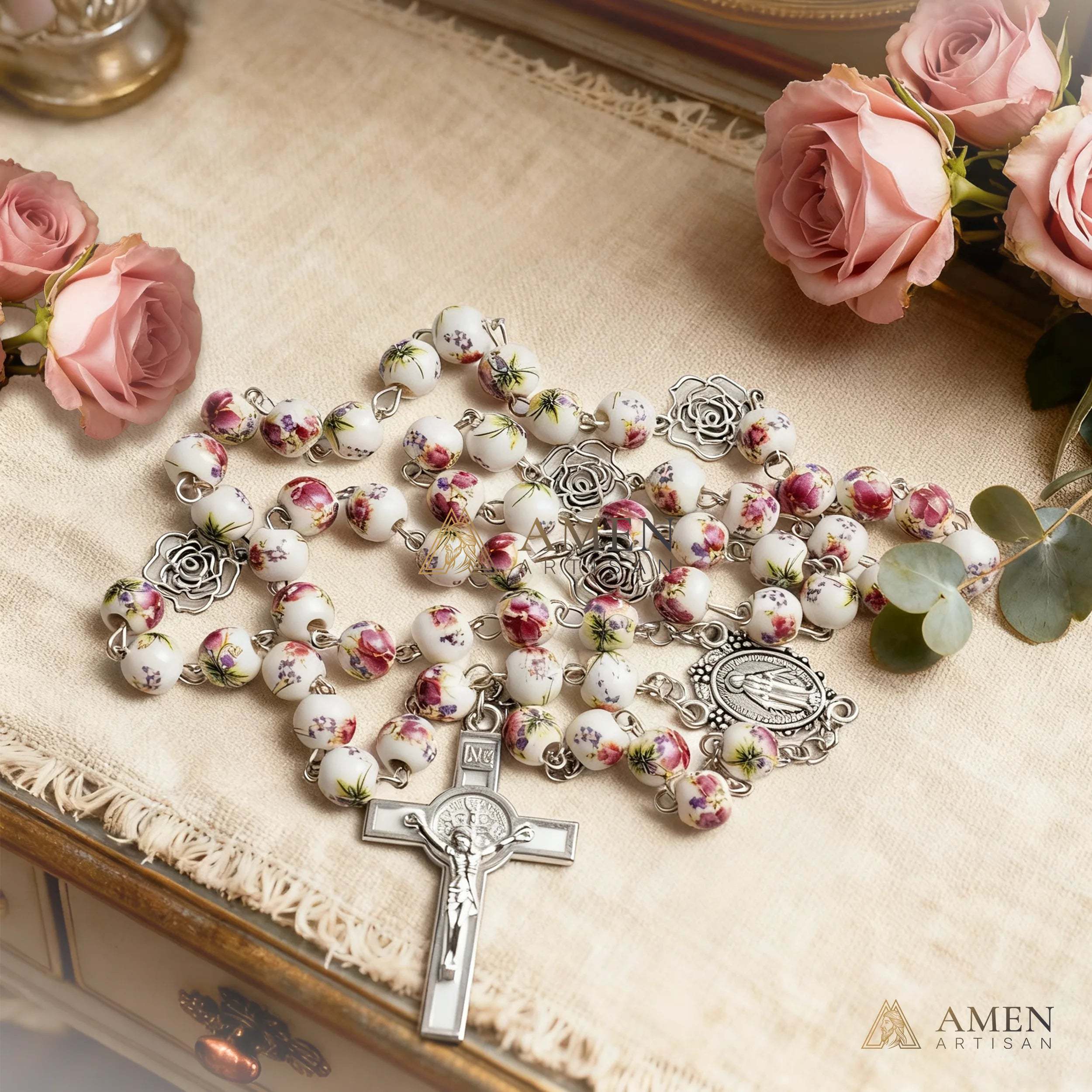 Rose Ceramic Rosary Amen Artisan - Image 2