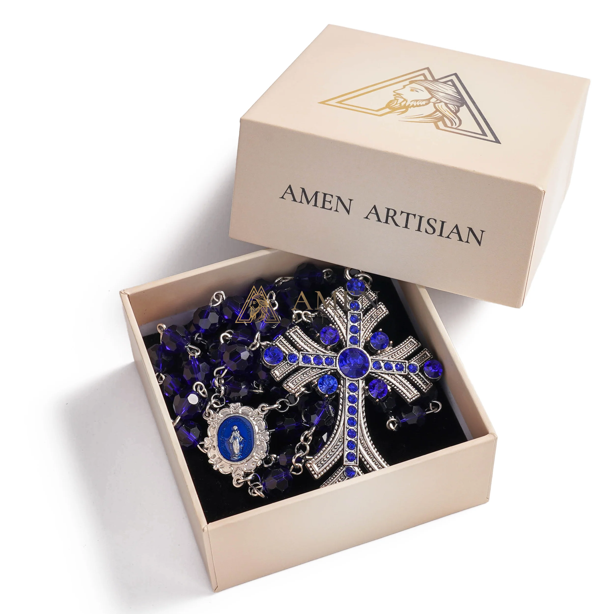 Royal Cobalt Blue Faceted Rosary – Jewel-Encrusted Art Deco Crucifix with Miraculous Medal – Sacred Devotional Prayer Beads - Image 3