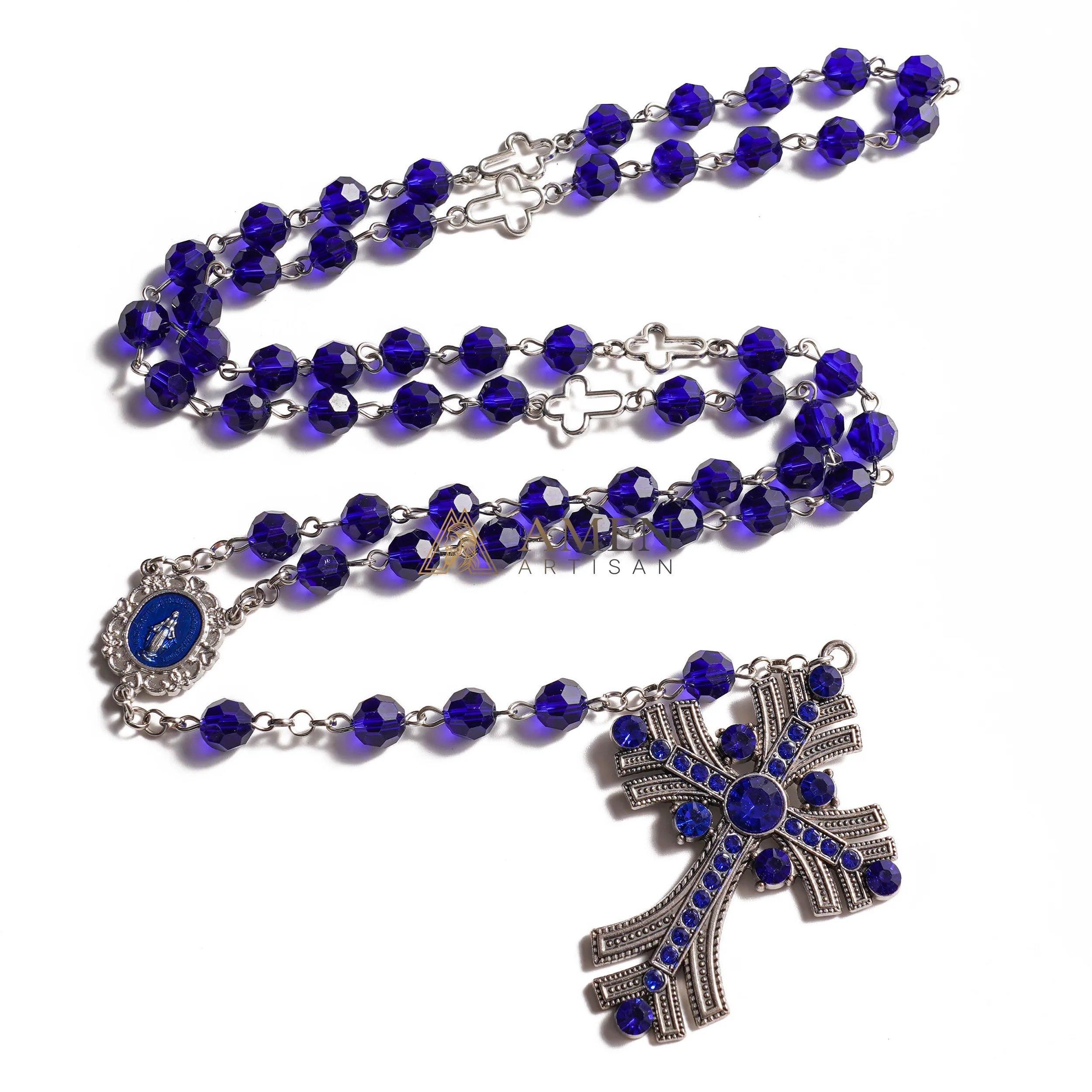 Royal Cobalt Blue Faceted Rosary – Jewel-Encrusted Art Deco Crucifix with Miraculous Medal – Sacred Devotional Prayer Beads - Image 4