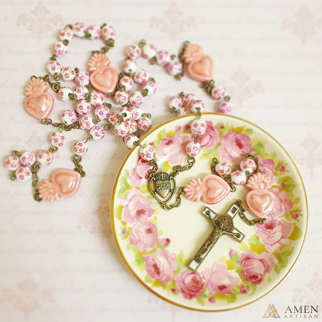 Sakura Pink Beads Sacred Heart Rosary Amen Artisan - Image 4