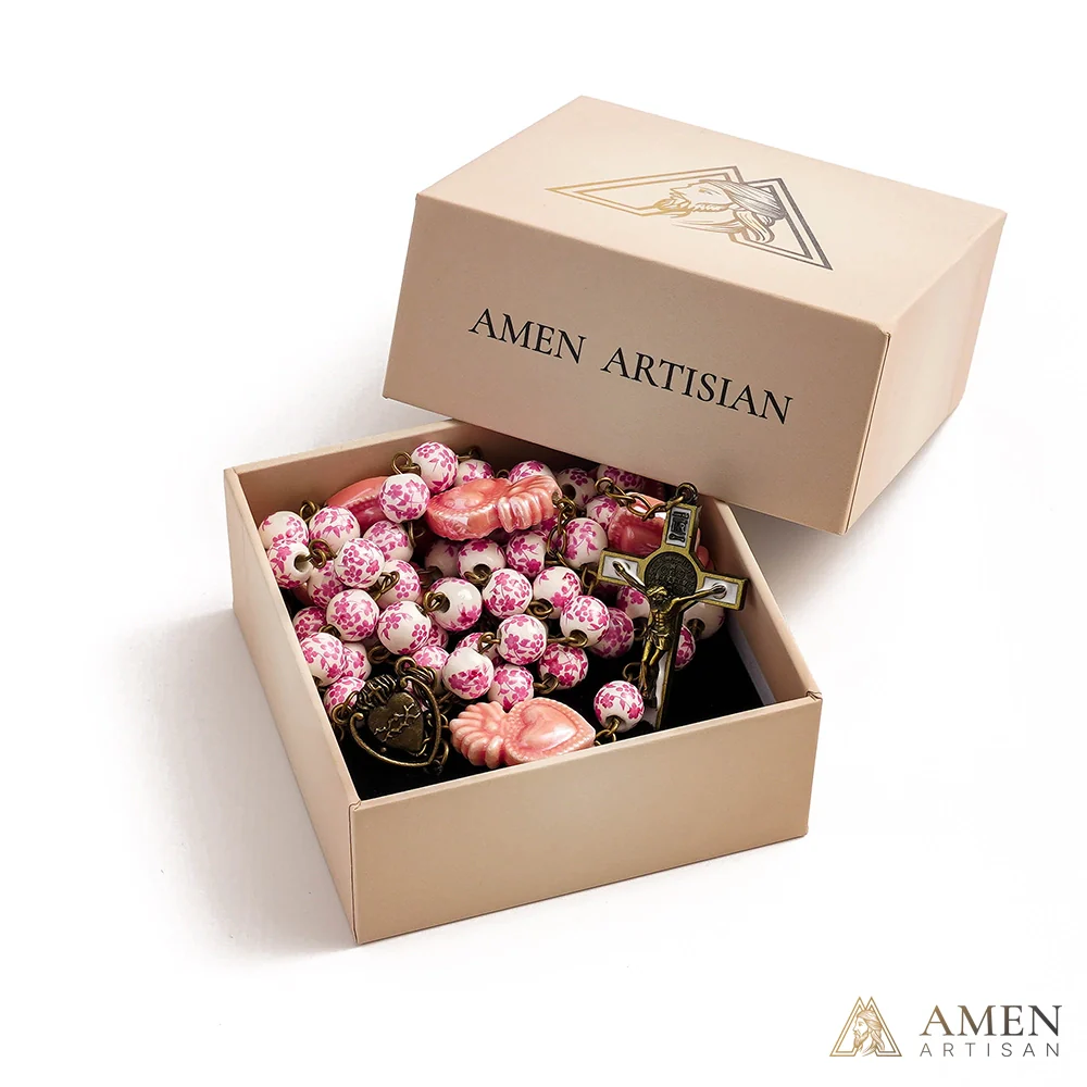 Sakura Pink Beads Sacred Heart Rosary Amen Artisan - Image 5