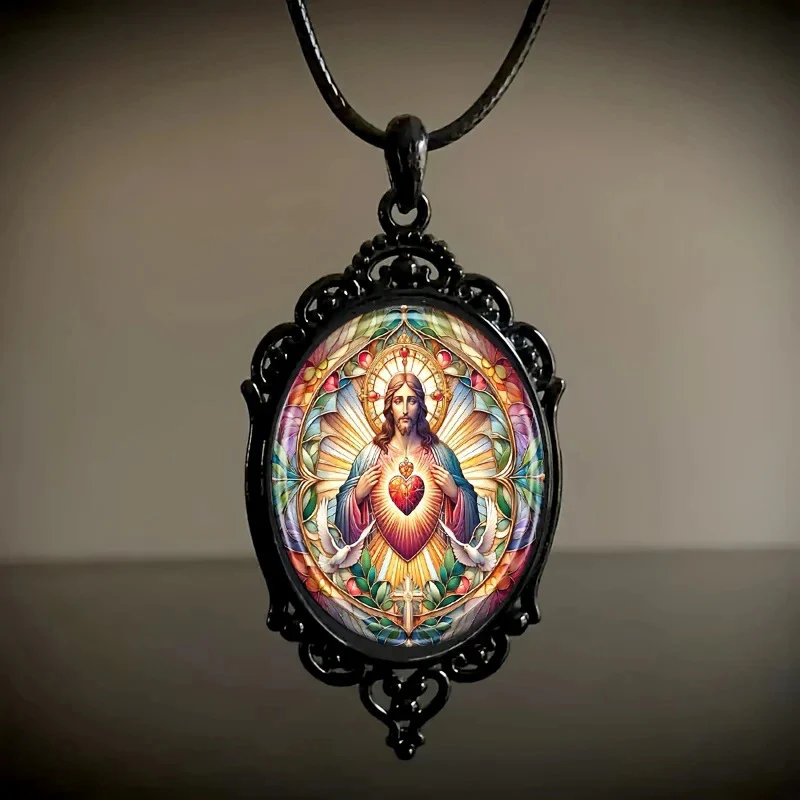 Simple black lace-edged base oval crystal Sacred Heart pendant - Image 2