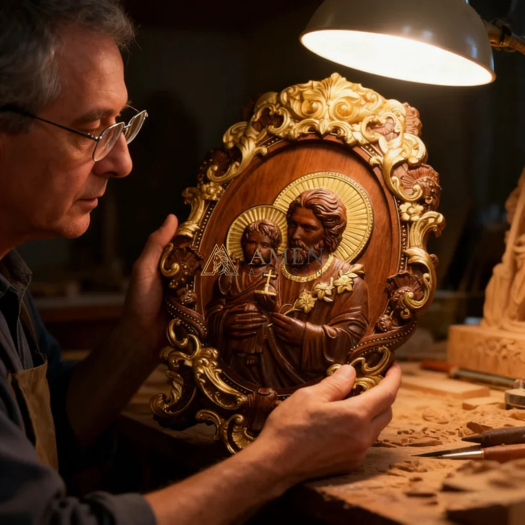 St. Joseph & Child Jesus Wood Carving - Image 8