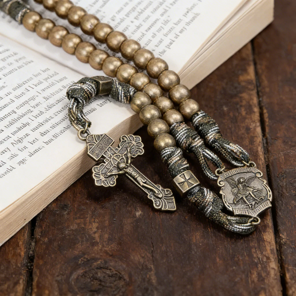 St. Michael Antique Bronze Paracord Rosary Bracelet – Guardian of Faith Amen Artisan - Image 4
