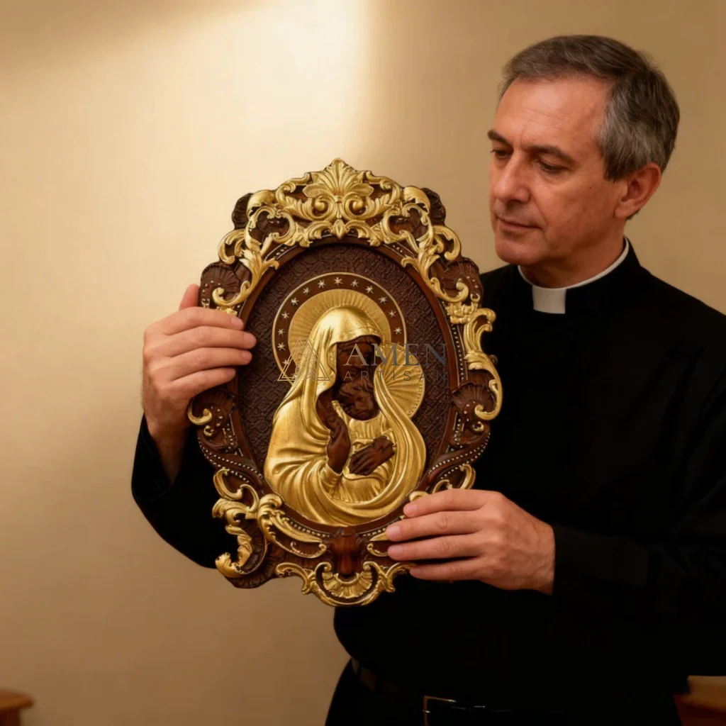 The Virgin Mary Holding The Infant Jesus Wooden Sculpture - Image 6