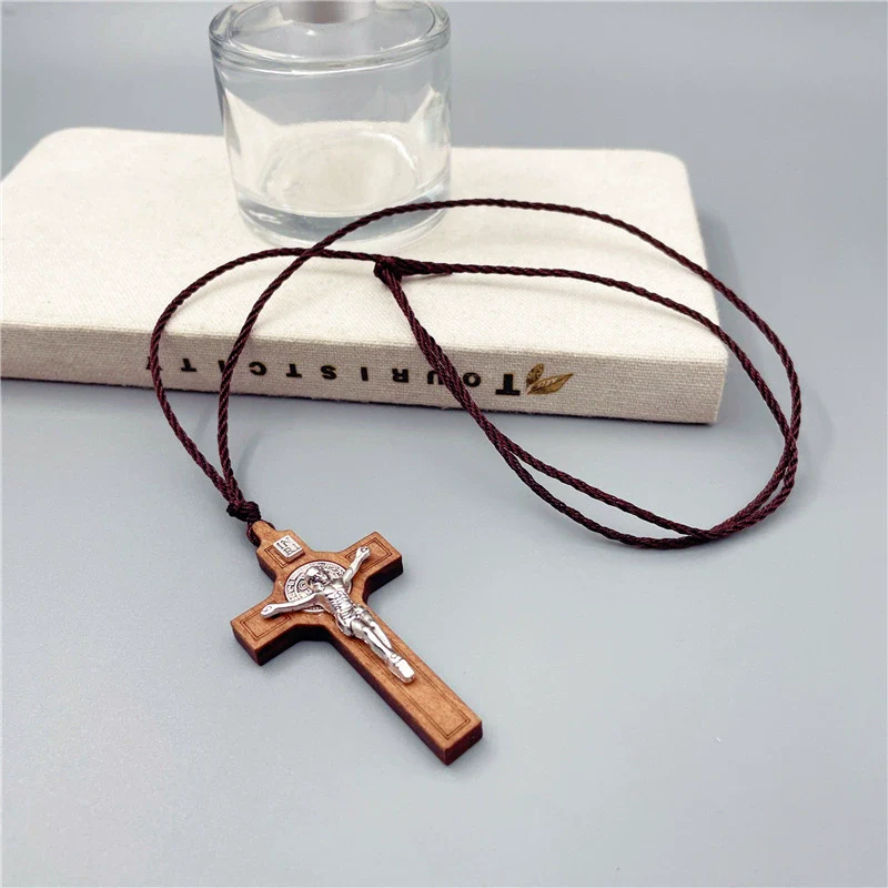 Wood Inlaid Metal Crucifix Cross Necklace Amen Artisan - Image 4