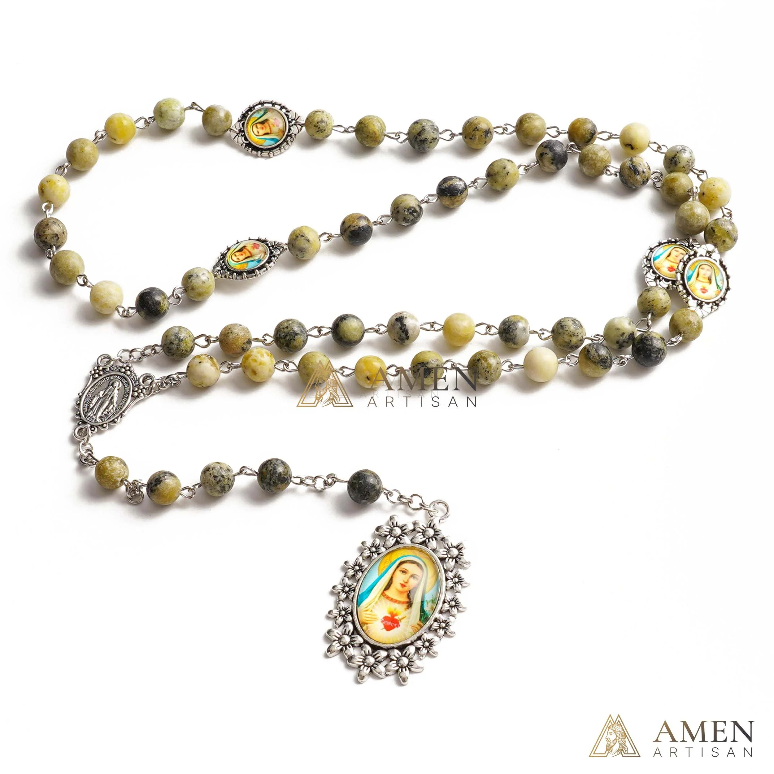 Yellow Turquoise Immaculate Heart of Mary Rosary Amen Artisan - Image 3