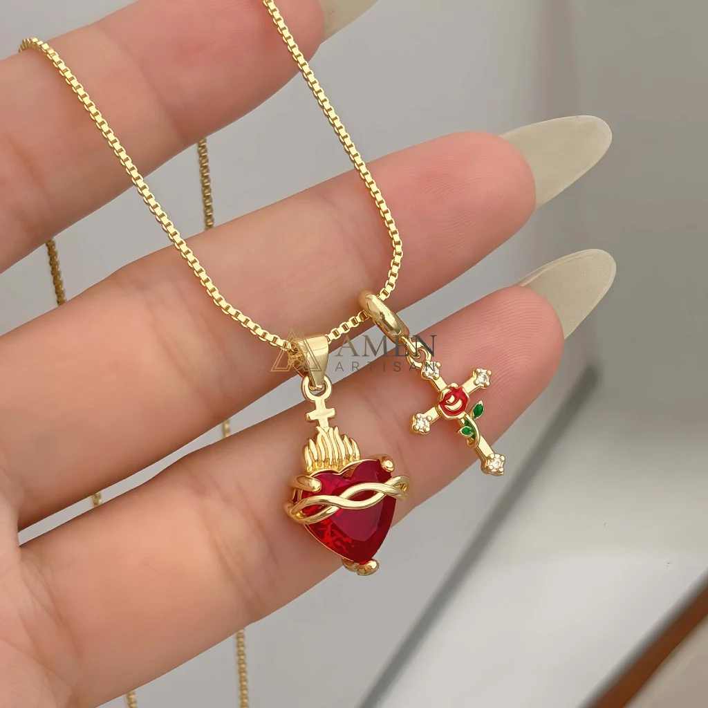 Zircon Sacred Heart & Rose Cross Double Pendant Necklace Amen Artisan - Image 2